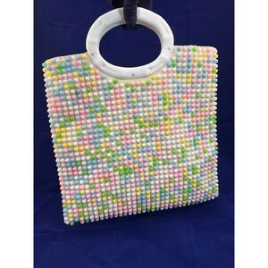 1950s Pastel Beaded Handbag Lucite Handle Multicolor Plastic Bead Vintage Purse